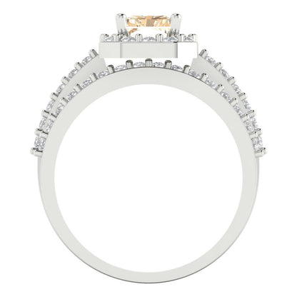 2.16 cttw Emerald Cut Natural Morganite Bridal Set - Solid White Gold Engagement Ring & Wedding Band