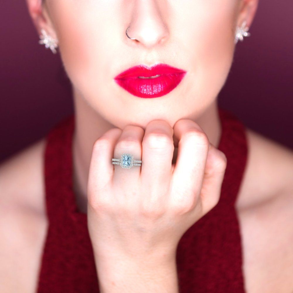 2.16 cttw Emerald Cut Natural Sky Blue Topaz Bridal Set - Solid White Gold Engagement Ring & Wedding Band