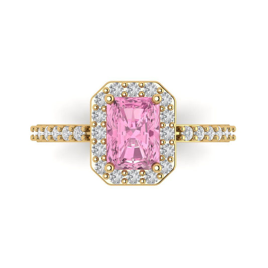 1.92 cttw Zirconia Simulated Pink Diamond Hidden Halo Engagement Ring - Solid Yellow Gold (VVS1, Emerald Cut,7.5X5.5mm)