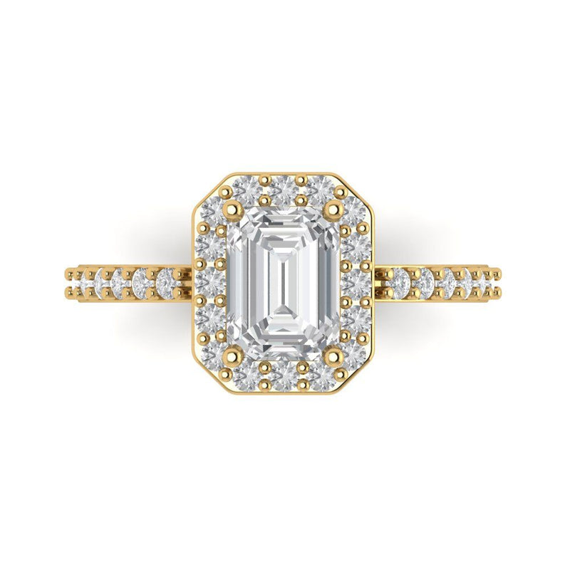 2.07 ct Brilliant Emerald Cut Natural Diamond Stone Clarity SI1-2 Color I-J Yellow Gold Halo Solitaire with Accents Ring