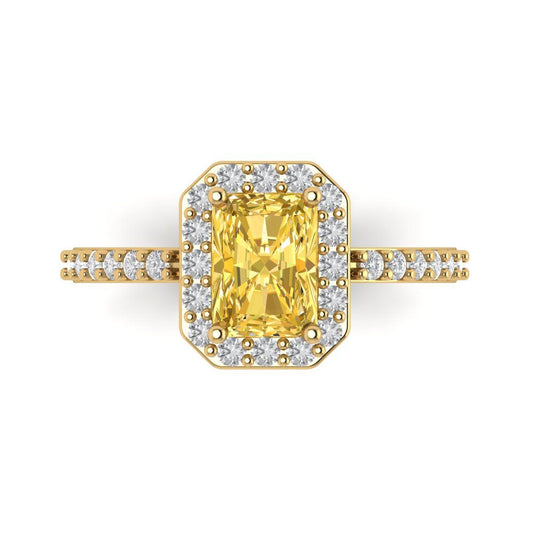 1.92 cttw Zirconia Simulated Yellow Diamond Hidden Halo Engagement Ring - Solid Yellow Gold (VVS1, Emerald Cut,7.5X5.5mm)