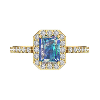 1.92 cttw Blue Moissanite Hidden Halo Engagement Ring - Solid Gold (Emerald Cut,7.5X5.5mm)