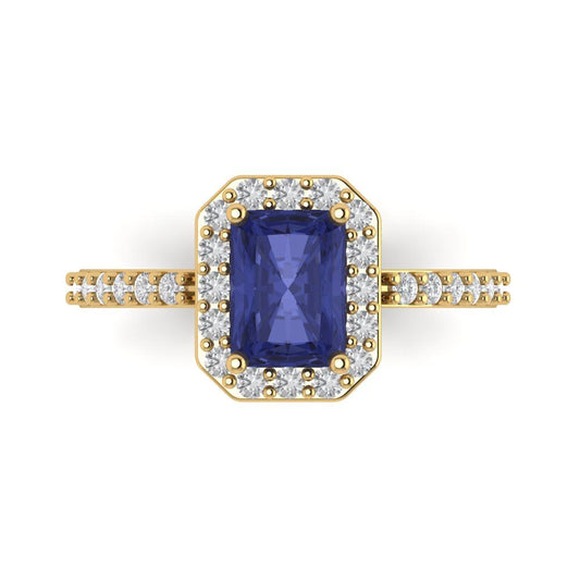 1.92 cttw Simulated Tanzanite Hidden Halo Engagement Ring - Solid Yellow Gold (VVS1, Emerald Cut,7.5X5.5mm)