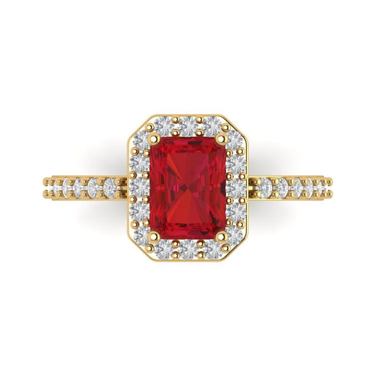 1.92 cttw Simulated Ruby Hidden Halo Engagement Ring - Solid Yellow Gold (VVS1, Emerald Cut,7.5X5.5mm)