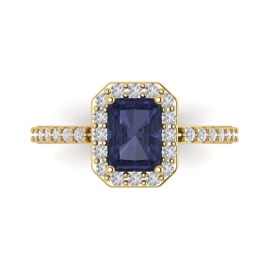 1.92 cttw Simulated Blue Sapphire Hidden Halo Engagement Ring - Solid Yellow Gold (VVS1, Emerald Cut,7.5X5.5mm)