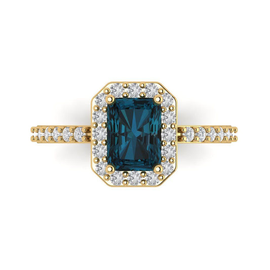 1.92 cttw Natural London Blue Topaz Hidden Halo Engagement Ring - Solid Yellow Gold (VVS1, Emerald Cut,7.5X5.5mm)