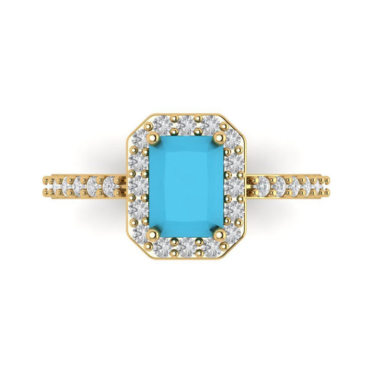 1.92 cttw Simulated Turquoise Hidden Halo Engagement Ring - Solid Yellow Gold (VVS1, Emerald Cut,7.5X5.5mm)