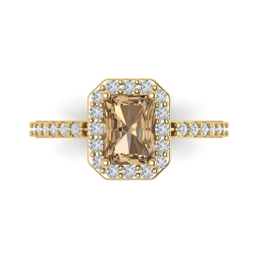 1.92 cttw Zirconia Simulated Champagne Diamond Hidden Halo Engagement Ring - Solid Yellow Gold (VVS1, Emerald Cut,7.5X5.5mm)
