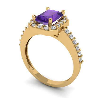 1.92 cttw Natural Amethyst Hidden Halo Engagement Ring - Solid Gold (Emerald Cut,7.5X5.5mm)
