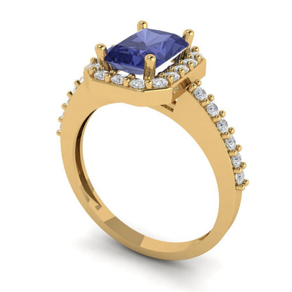 1.92 cttw Simulated Tanzanite Hidden Halo Engagement Ring - Solid Gold (Emerald Cut,7.5X5.5mm)