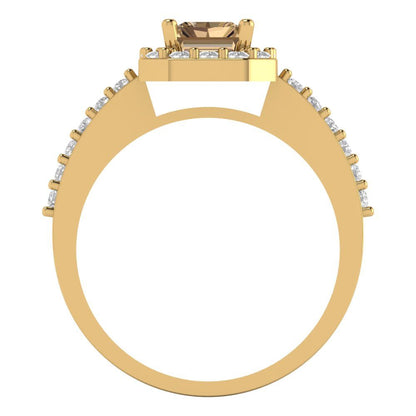 1.92 cttw Zirconia Simulated Champagne Diamond Hidden Halo Engagement Ring - Solid Gold (VVS1, Emerald Cut,7.5X5.5mm)