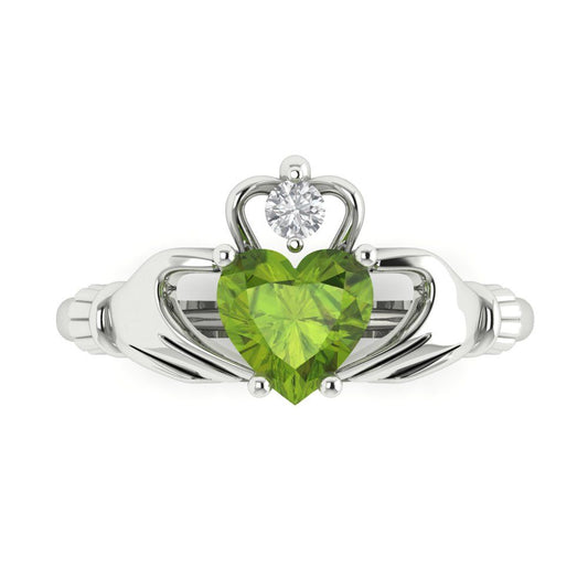 1.05 cttw Natural Peridot Celtic Claddagh Engagement Ring - Solid White Gold (VVS1, Heart Cut,6.5mm)