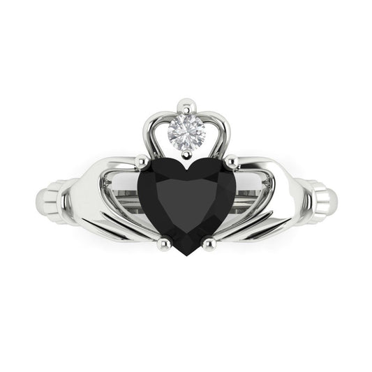 1.05 cttw Natural Onyx Celtic Claddagh Engagement Ring - Solid White Gold (VVS1, Heart Cut,6.5mm)