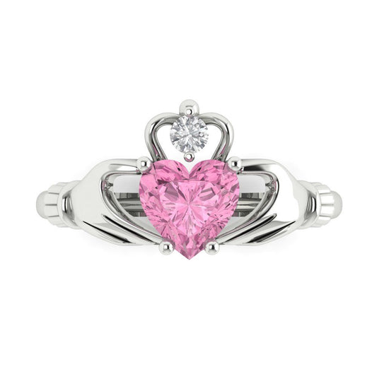 1.05 cttw Zirconia Simulated Pink Diamond Celtic Claddagh Engagement Ring - Solid White Gold (VVS1, Heart Cut,6.5mm)