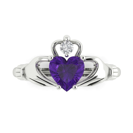 1.05 cttw Natural Amethyst Celtic Claddagh Engagement Ring - Solid White Gold (VVS1, Heart Cut,6.5mm)