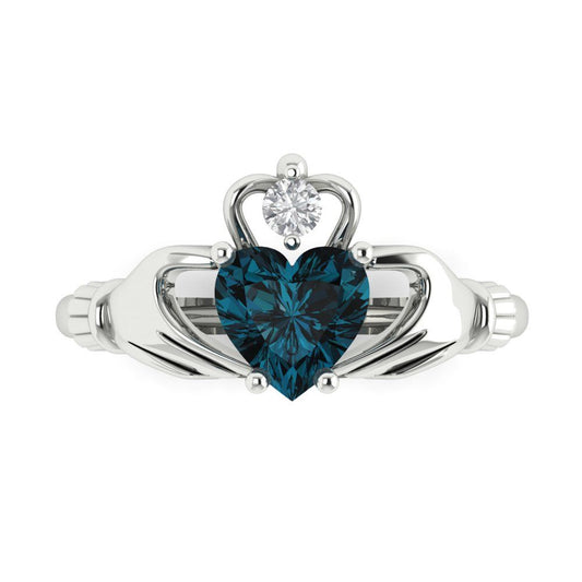 1.05 cttw Natural London Blue Topaz Celtic Claddagh Engagement Ring - Solid White Gold (VVS1, Heart Cut,6.5mm)