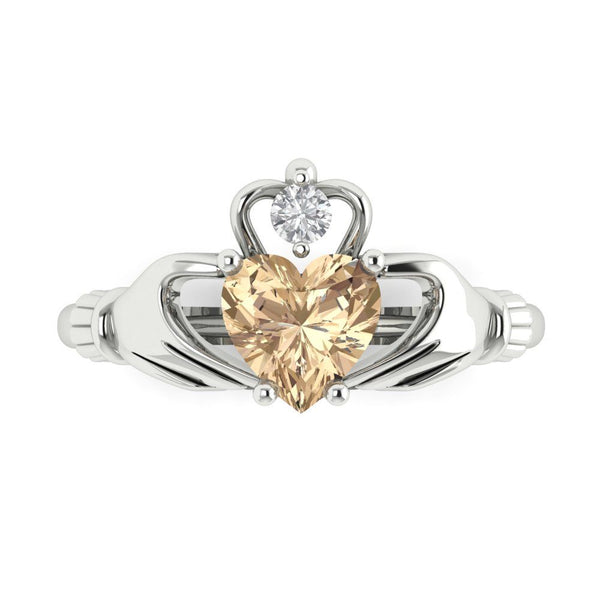 1.06 ct Brilliant Heart Cut Yellow Moissanite Stone White Gold Solitaire Claddagh Ring