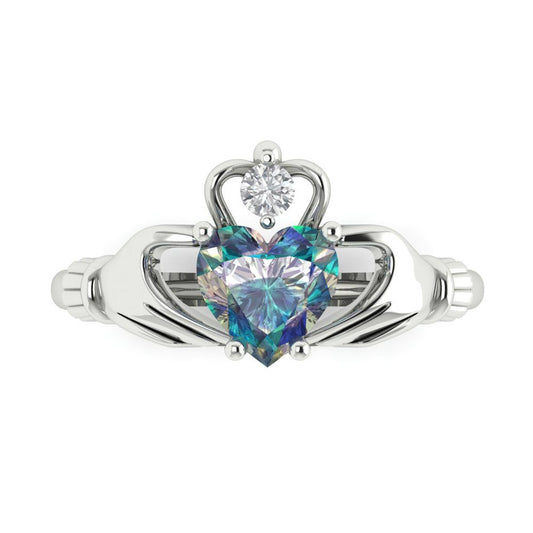 1.05 cttw Blue Moissanite Celtic Claddagh Engagement Ring - Solid White Gold (VVS1, Heart Cut,6.5mm)