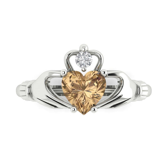 1.05 cttw Zirconia Simulated Champagne Diamond Celtic Claddagh Engagement Ring - Solid White Gold (VVS1, Heart Cut,6.5mm)