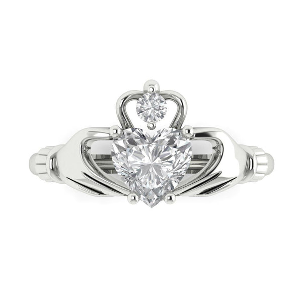 1.06 ct Brilliant Heart Cut Genuine Cultured Diamond Stone Clarity SI1-2 Color J-K White Gold Solitaire Claddagh Ring