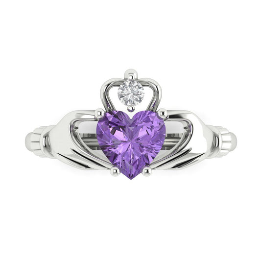 1.05 cttw Simulated Alexandrite Celtic Claddagh Engagement Ring - Solid White Gold (VVS1, Heart Cut,6.5mm)