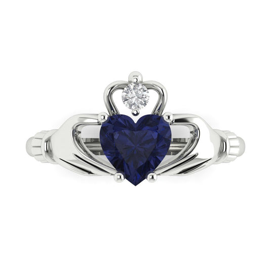 1.05 cttw Simulated Blue Sapphire Celtic Claddagh Engagement Ring - Solid White Gold (VVS1, Heart Cut,6.5mm)