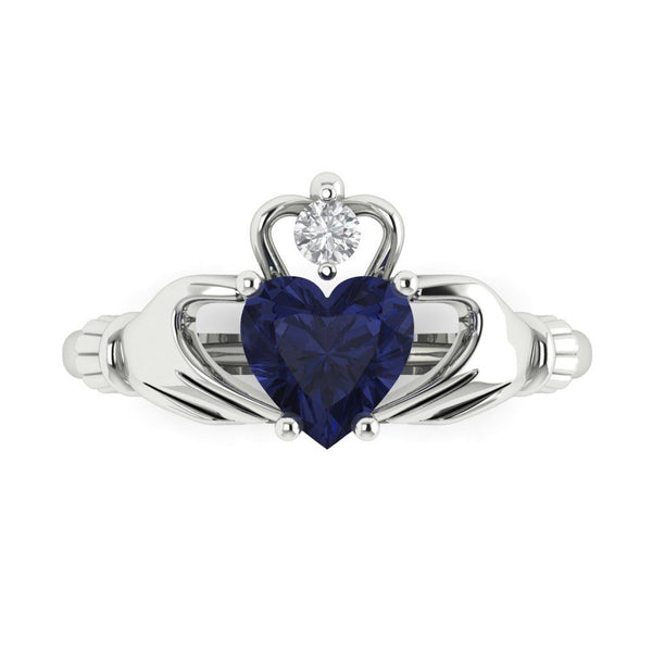 1.06 ct Brilliant Heart Cut Simulated Blue Sapphire Stone White Gold Solitaire Claddagh Ring