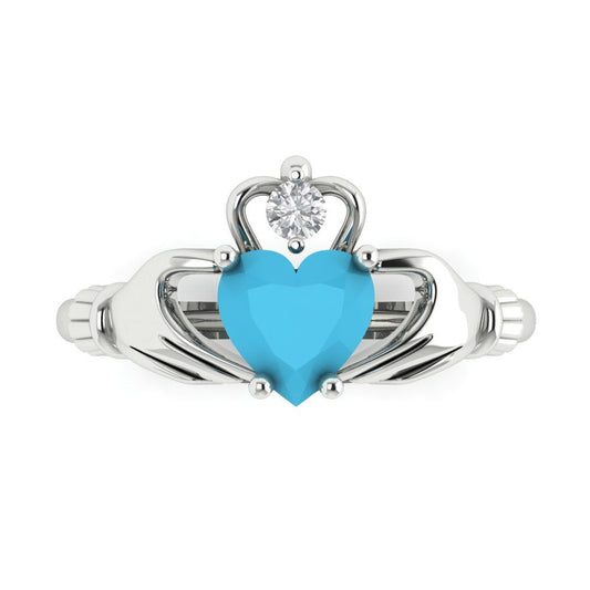 1.05 cttw Simulated Turquoise Celtic Claddagh Engagement Ring - Solid White Gold (VVS1, Heart Cut,6.5mm)