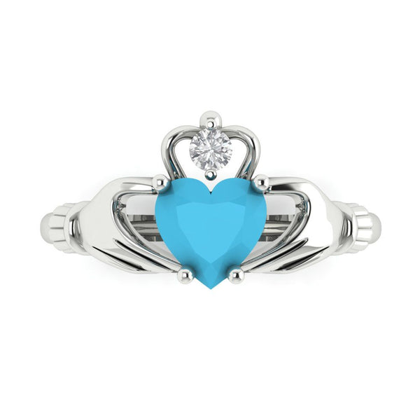 1.06 ct Brilliant Heart Cut Simulated Turquoise Stone White Gold Solitaire Claddagh Ring