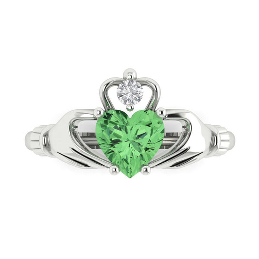 1.05 cttw Zirconia Simulated Green Diamond Celtic Claddagh Engagement Ring - Solid White Gold (VVS1, Heart Cut,6.5mm)