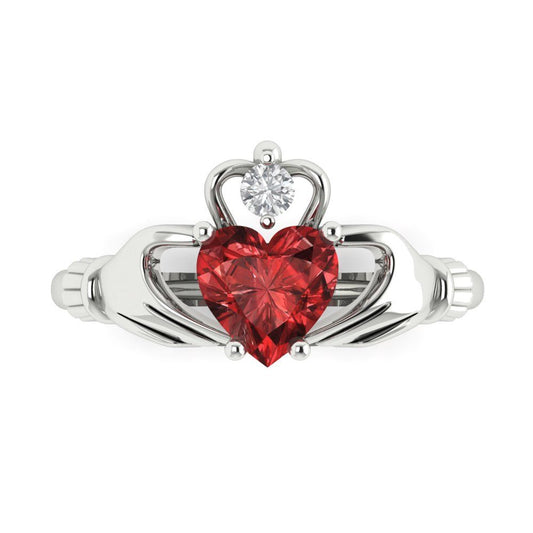 1.05 cttw Natural Garnet Celtic Claddagh Engagement Ring - Solid White Gold (VVS1, Heart Cut,6.5mm)