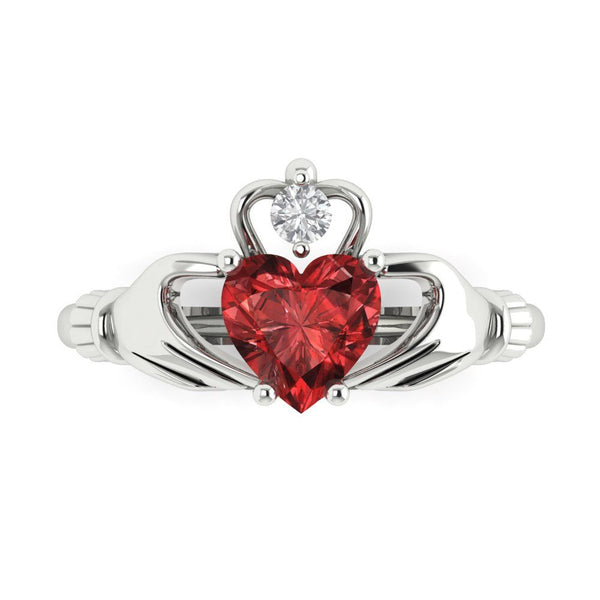 1.06 ct Brilliant Heart Cut Natural Garnet Stone White Gold Solitaire Claddagh Ring