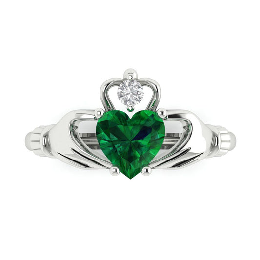 1.05 cttw Simulated Emerald Celtic Claddagh Engagement Ring - Solid White Gold (VVS1, Heart Cut,6.5mm)
