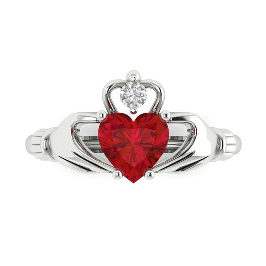 1.05 cttw Simulated Ruby Celtic Claddagh Engagement Ring - Solid White Gold (VVS1, Heart Cut,6.5mm)