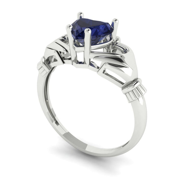 1.06 ct Brilliant Heart Cut Simulated Blue Sapphire Stone White Gold Solitaire Claddagh Ring