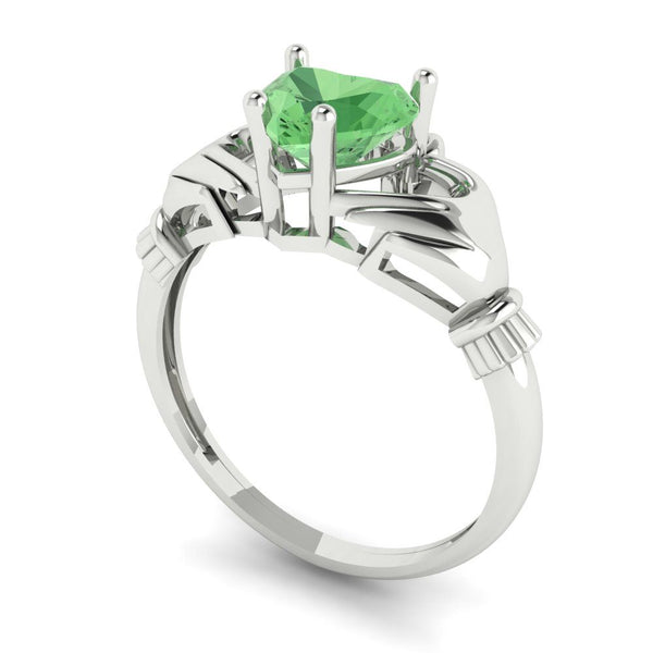 1.06 ct Brilliant Heart Cut Green Simulated Diamond Stone White Gold Solitaire Claddagh Ring