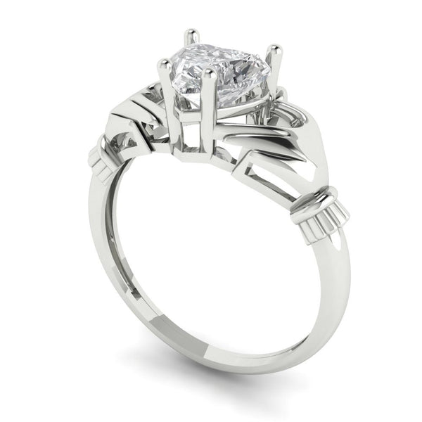 1.06 ct Brilliant Heart Cut Genuine Cultured Diamond Stone Clarity VS1-2 Color I-J White Gold Solitaire Claddagh Ring