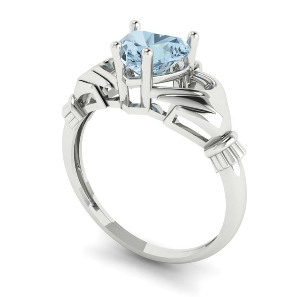 1.06 ct Brilliant Heart Cut Natural Swiss Blue Topaz Stone White Gold Solitaire Claddagh Ring