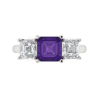 4 cttw Natural Amethyst Three-Stone Engagement Ring - Solid Gold (Square Emerald Cut,7.0X7.0mm)