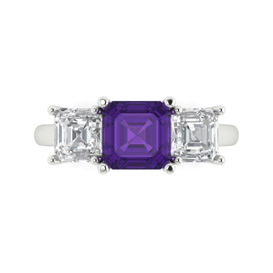 4 cttw Natural Amethyst Three-Stone Engagement Ring - Solid White Gold (VVS1, Square Emerald Cut,7.0X7.0mm)