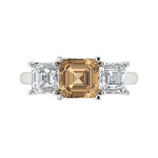 4 cttw Zirconia Simulated Champagne Diamond Three-Stone Engagement Ring - Solid White Gold (VVS1, Square Emerald Cut,7.0X7.0mm)