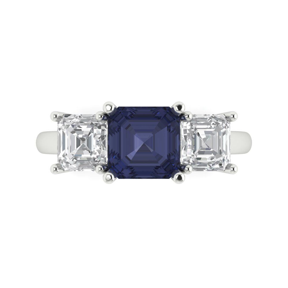 4 cttw Simulated Blue Sapphire Three-Stone Engagement Ring - Solid Gold (Square Emerald Cut,7.0X7.0mm)
