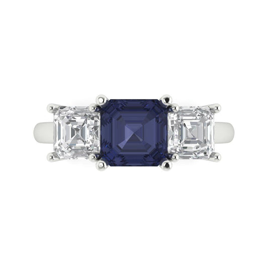 4 cttw Simulated Blue Sapphire Three-Stone Engagement Ring - Solid White Gold (VVS1, Square Emerald Cut,7.0X7.0mm)