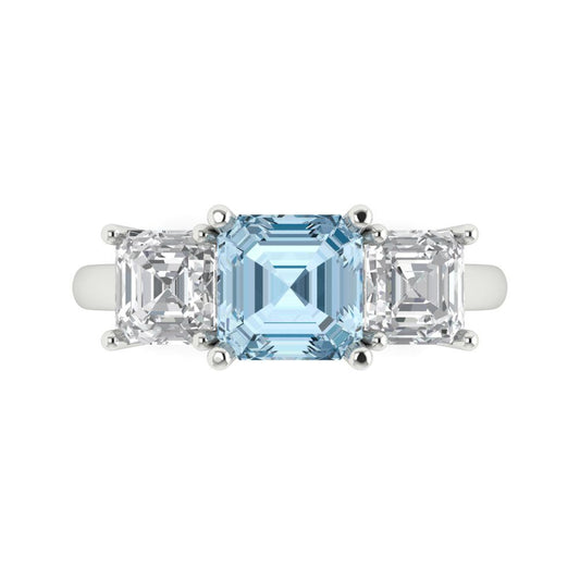 4 cttw Natural Sky Blue Topaz Three-Stone Engagement Ring - Solid White Gold (VVS1, Square Emerald Cut,7.0X7.0mm)