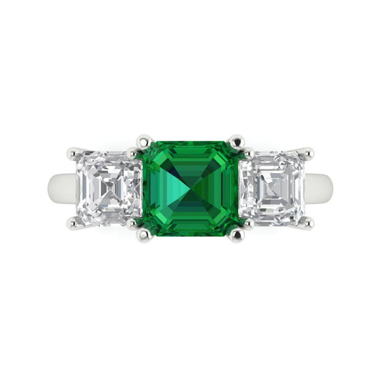 4 cttw Simulated Emerald Three-Stone Engagement Ring - Solid White Gold (VVS1, Square Emerald Cut,7.0X7.0mm)