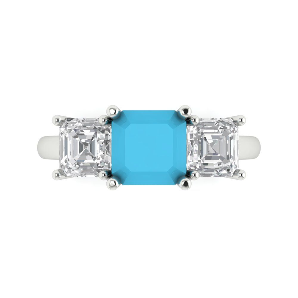 4 cttw Simulated Turquoise Three-Stone Engagement Ring - Solid Gold (Square Emerald Cut,7.0X7.0mm)