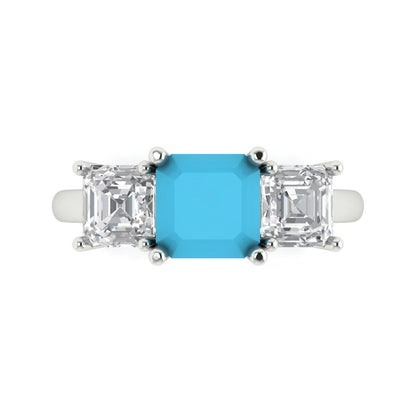 4 cttw Simulated Turquoise Three-Stone Engagement Ring - Solid Gold (Square Emerald Cut,7.0X7.0mm)