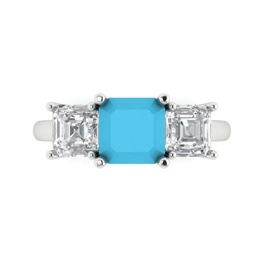 4 cttw Simulated Turquoise Three-Stone Engagement Ring - Solid White Gold (VVS1, Square Emerald Cut,7.0X7.0mm)