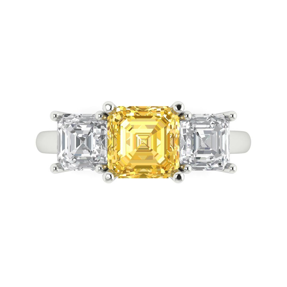 4 cttw Zirconia Simulated Yellow Diamond Three-Stone Engagement Ring - Solid Gold (VVS1, Square Emerald Cut,7.0X7.0mm)