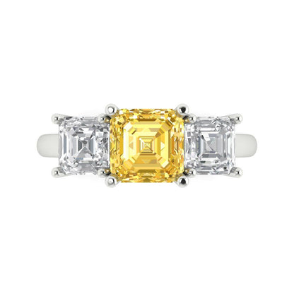 4 cttw Zirconia Simulated Yellow Diamond Three-Stone Engagement Ring - Solid Gold (VVS1, Square Emerald Cut,7.0X7.0mm)
